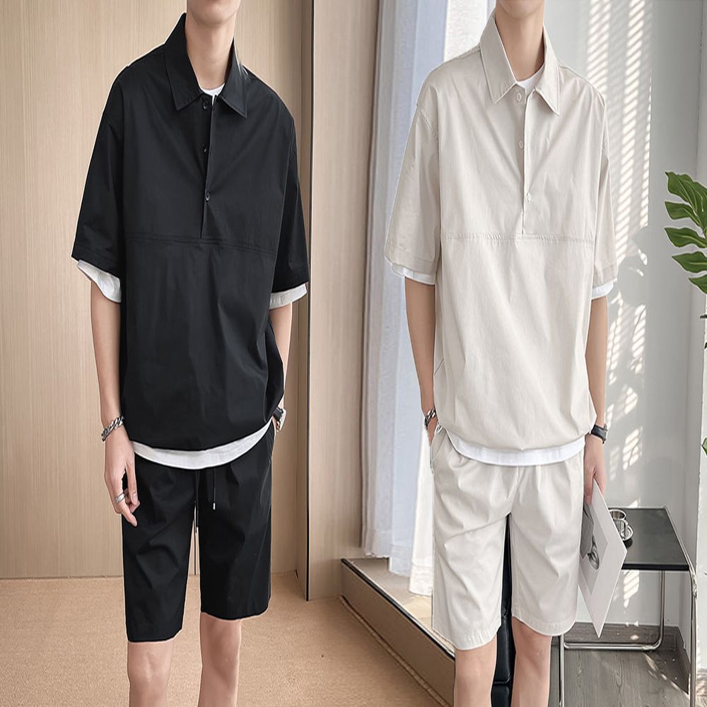 남성 여름 데일리 편한 쿨 반팔 카라티 반바지 세트
