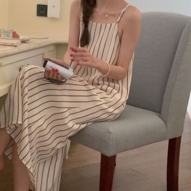 모던 줄무늬 세로 기본 끈 데이 나시 롱원피스 어깨끈