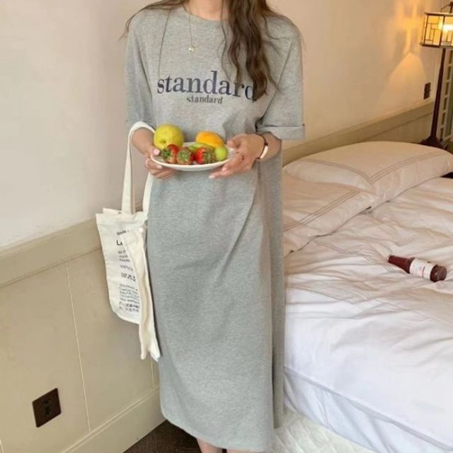 여성 레터링 데일리 기본 반팔 데이 롱 원피스