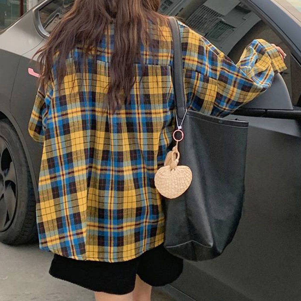 오버핏 여자 카라 셔츠 체크무늬 캐주얼 스쿨룩 코디
