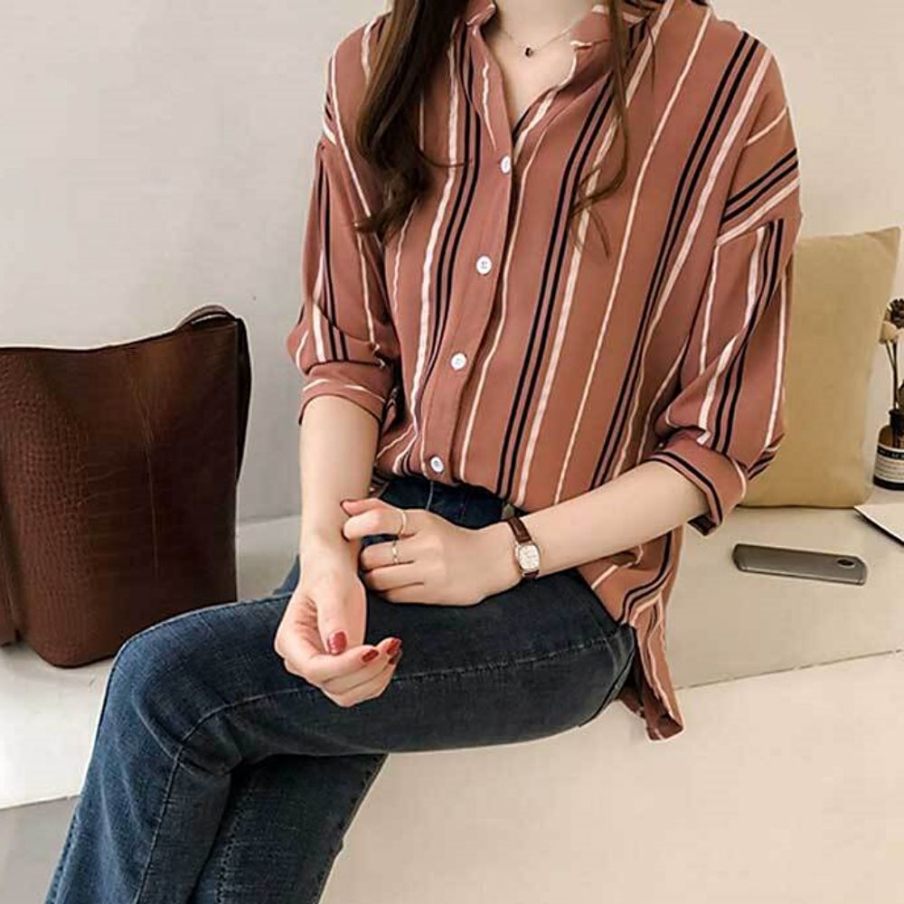 여성 가을 간절기 5부소매 스트라이프 셔츠 블라우스