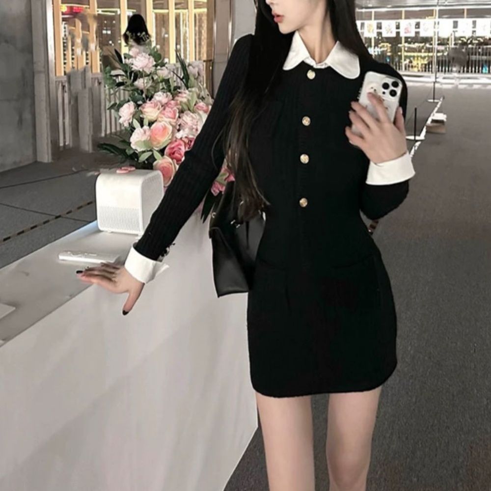단정한 금장 단추 블랙 미니원피스 카라 레이어드