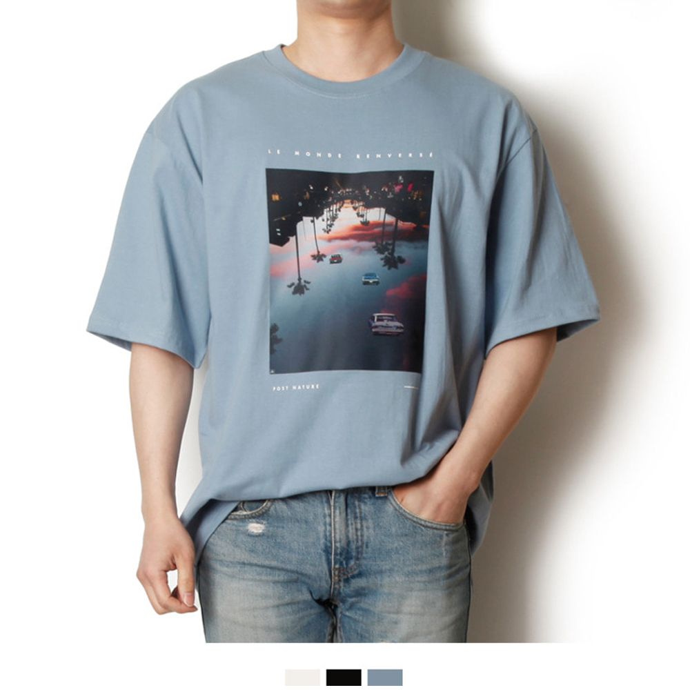 앞면 프린팅 소라색 반팔티 여름 외출 면티셔츠 면티