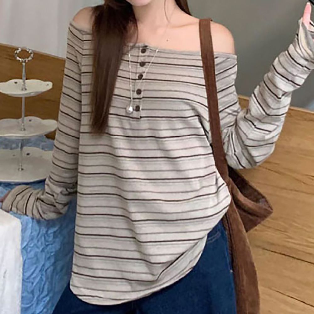루즈핏 스트라이프 여성 오프숄더티셔츠