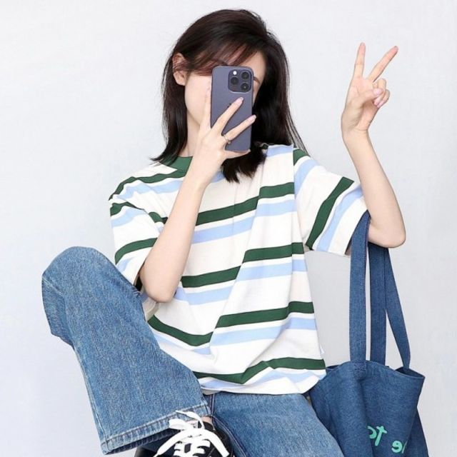 루즈핏 배색 보세 기본 스트라이프 데이 반팔 쇼 슬리