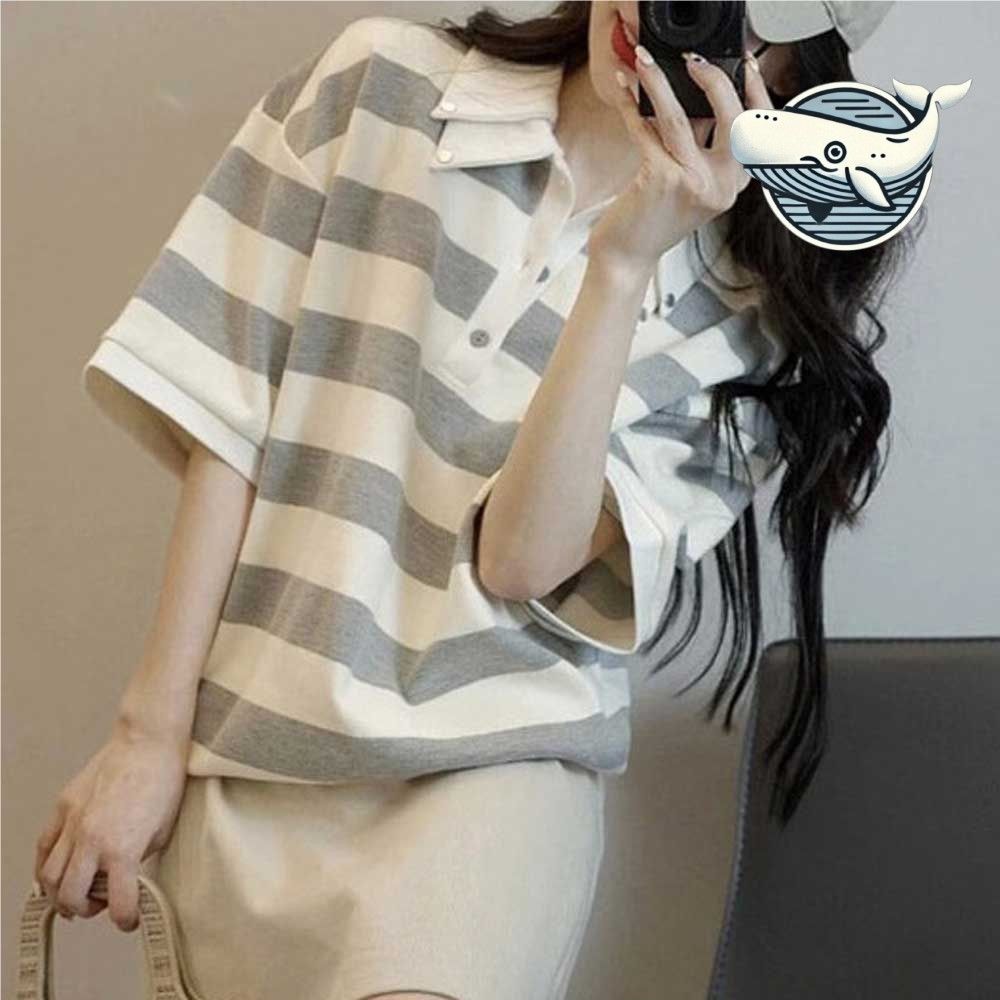 여성 편안한 스트라이프 카라티 넉넉한 소매