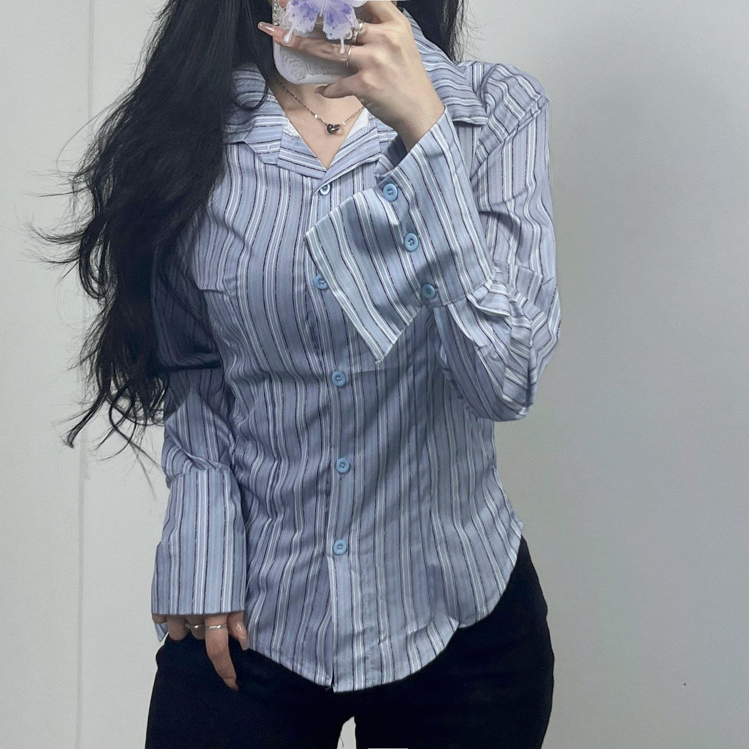 세로스트라이프 와이드 커프스 셔츠