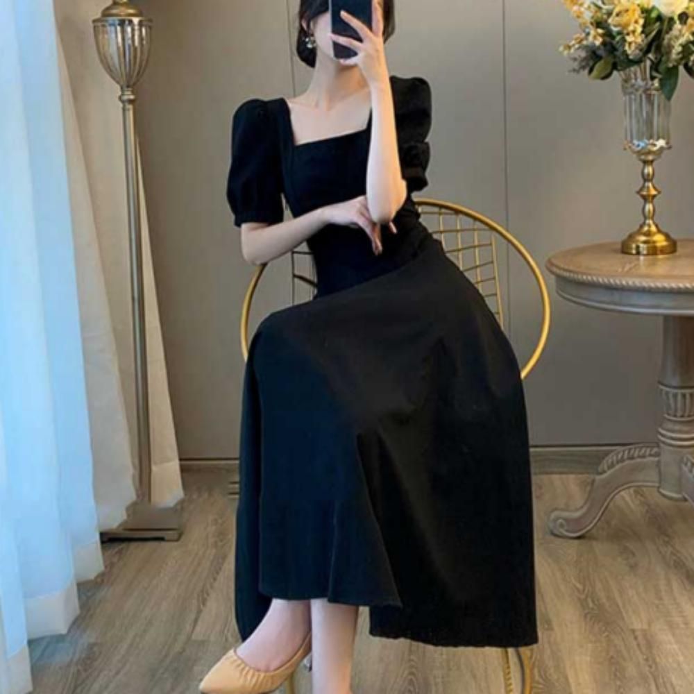 여성 여름 데이트룩 퍼프 반팔 미니 블랙 원피스