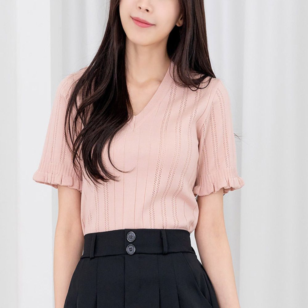 브이넥 심플 소매 포인트 러블리 데일리 여성 반팔티