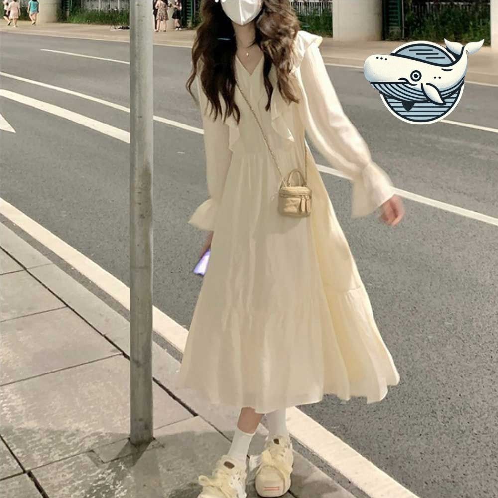 여성용 프릴 긴팔 롱드레스 우아한 브이넥