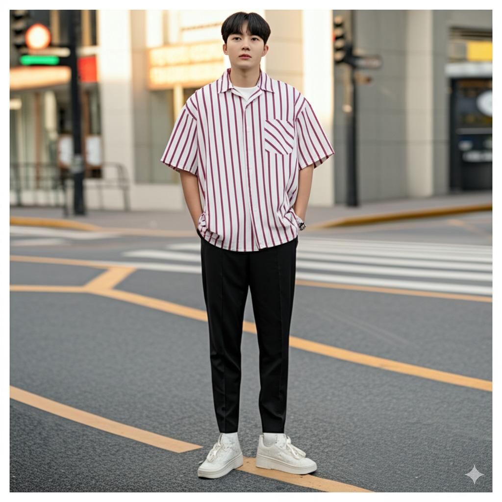 줄무늬 여유핏 리넨 반소매 셔츠