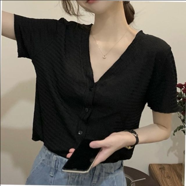 여자 여름 쉬폰 기본 반팔 데이 블라우스 여성 브이넥