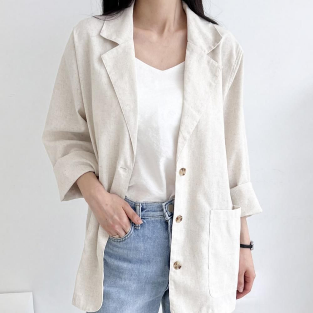 여성 간절기 데일리 캐주얼 오버핏 린넨 긴팔 자켓