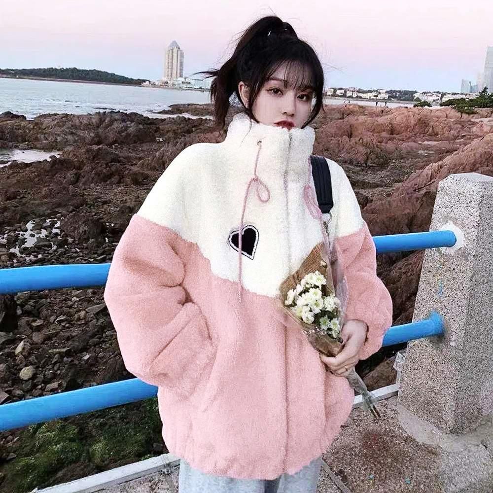 뽀글 양털 러브 집업 점퍼 하프넥