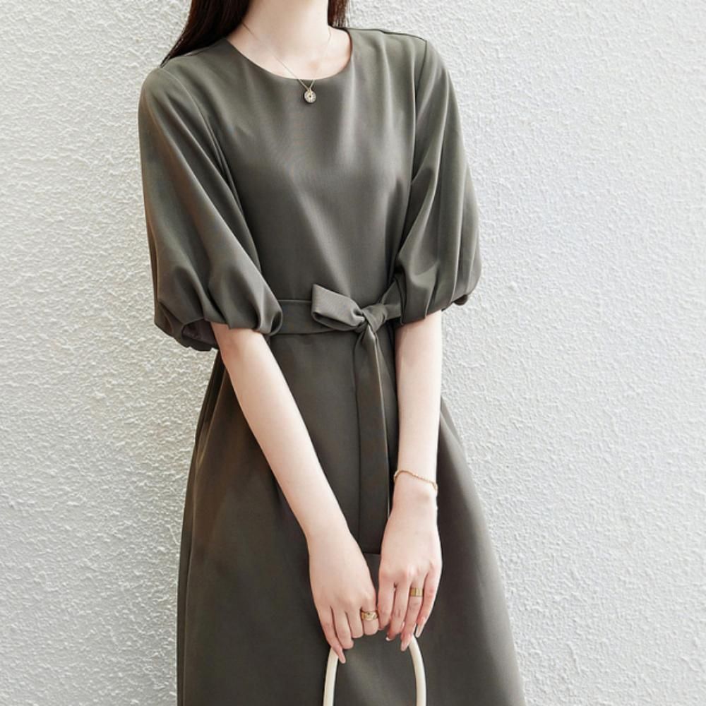 여성 여름 데일리 라운드넥 스트랩 퍼프 반팔 원피스