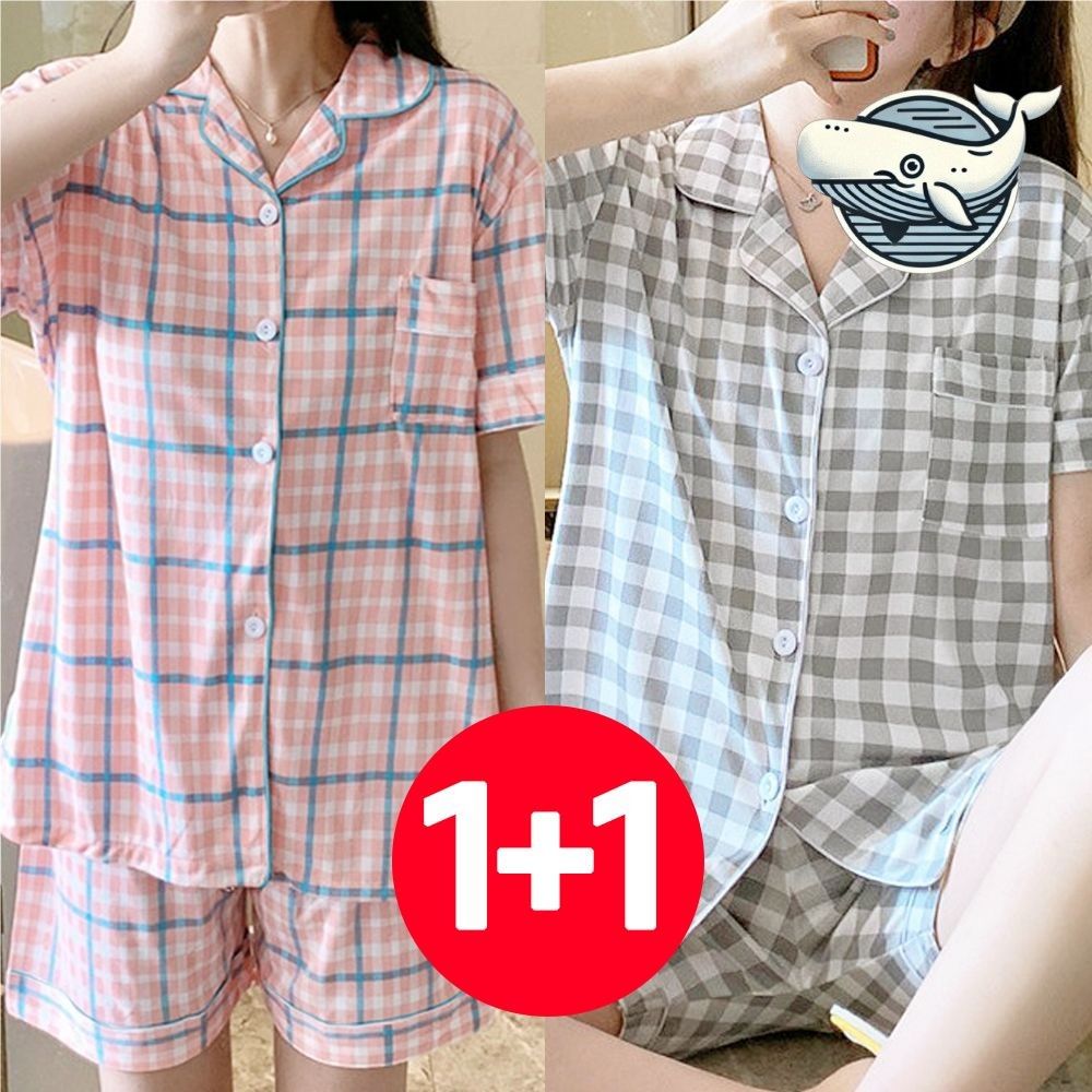 여성 여름 체크 잠옷 두벌 편안한 수면복 반팔