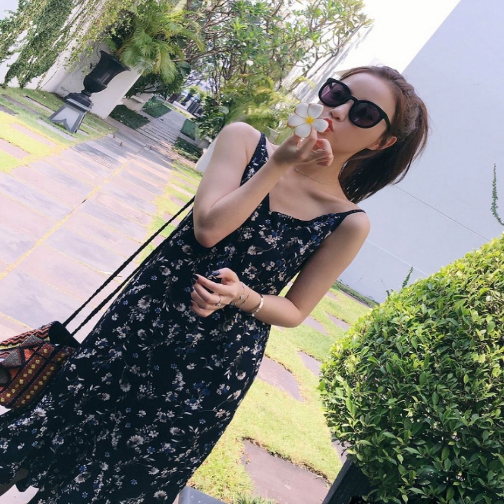 여자 데일리 밑단 프릴 플라워 끈나시 원피스 684