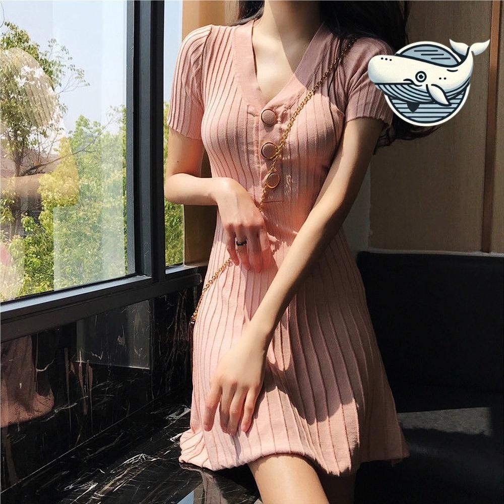소프트 미디 버튼 반팔 원피스 여름 캐주얼