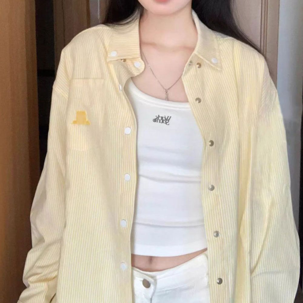 옐로우 자수포켓 루즈핏 스트라이프 긴팔셔츠 여성