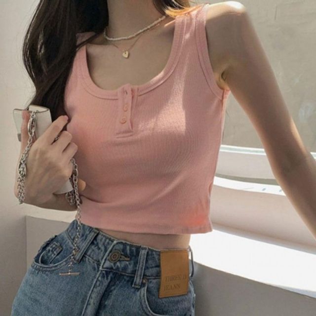 캐주얼 여픔 여성 기본 라운드넥 데이 버튼 골지 나시