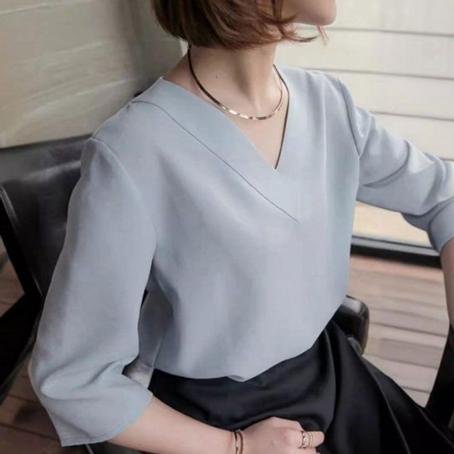 캐주얼 7부 여성 기본 브이넥 데이 블라우스 데일리