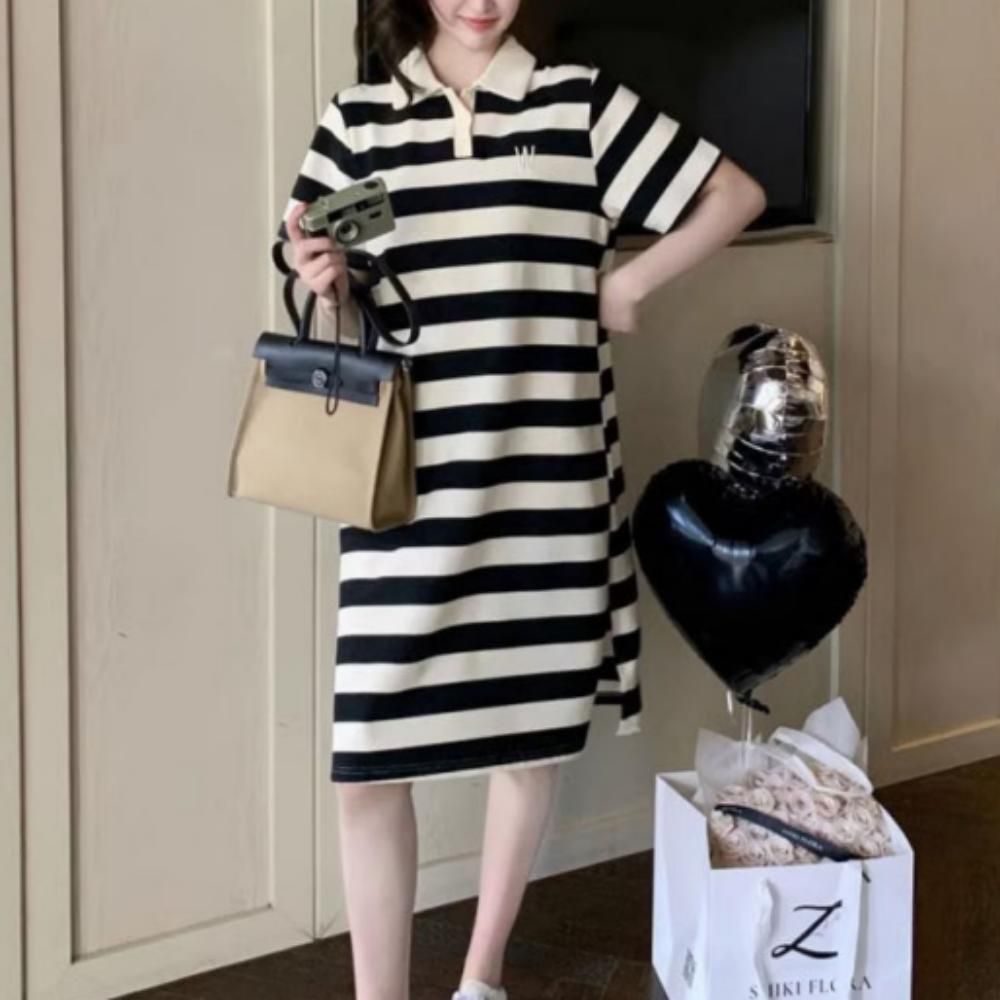 카라 스트라이프 여성 루즈핏 반팔 여름 롱 원피스