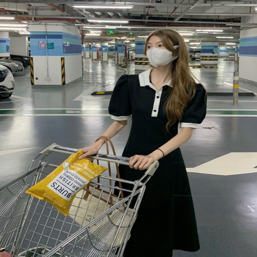여성 카라배색 반팔 롱 원피스 D83