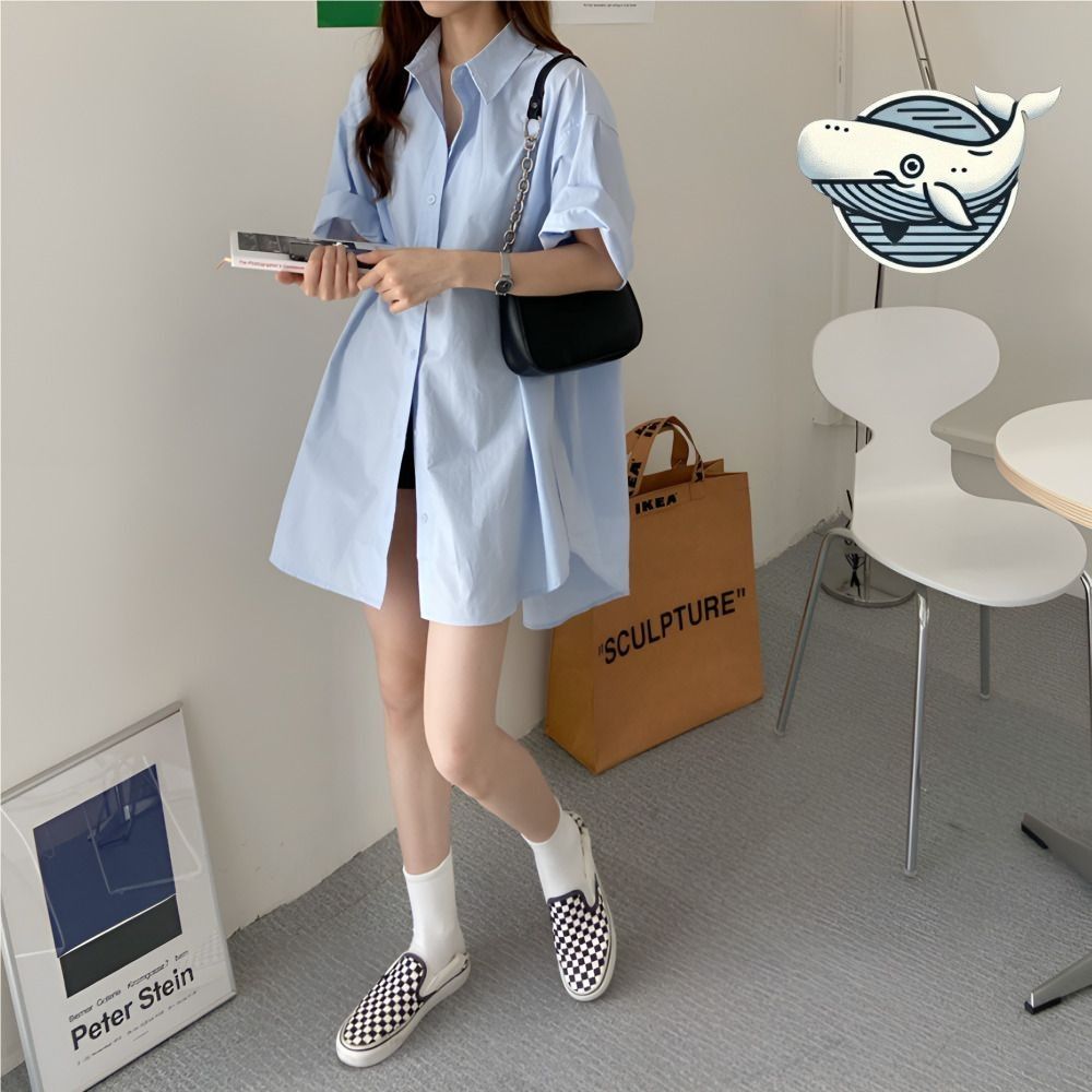 데일리 오버핏 반팔 셔츠 롱 원버튼 기본