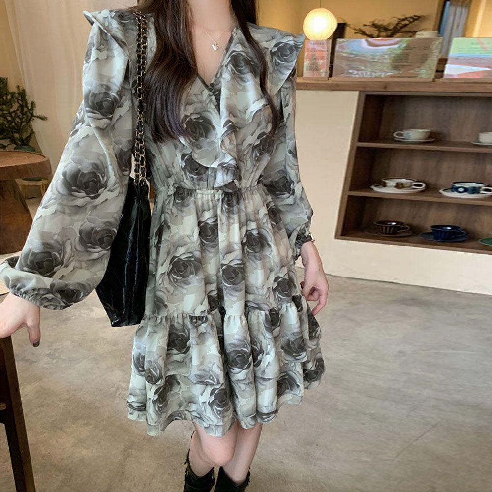 F007363_플라워패턴 브이넥 플레어 쉬폰원