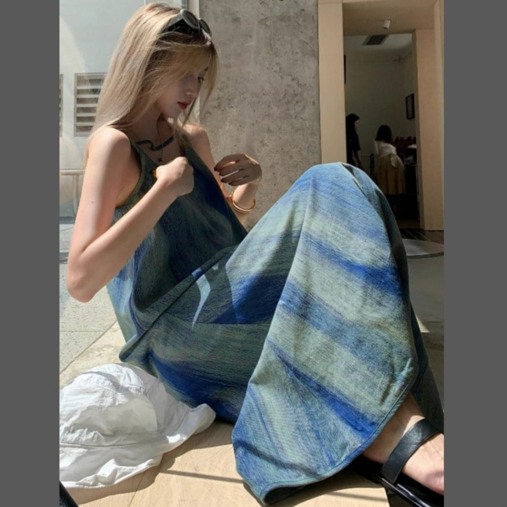 여성 블루 마린 비치룩 끈나시 롱원피스 민소매원피스