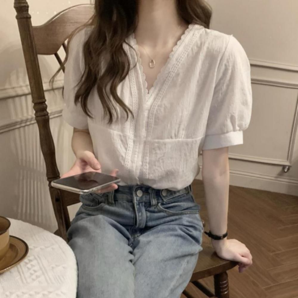 레이스 블라우스 셔츠 반팔 여성 브이넥 면 화이트