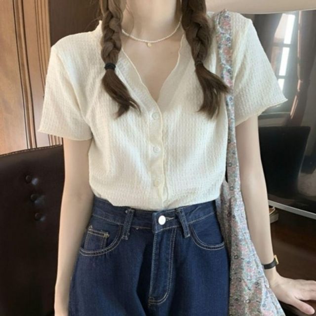 크롭기장 반팔 브이넥 기본 주름패턴 데이 여름 가디