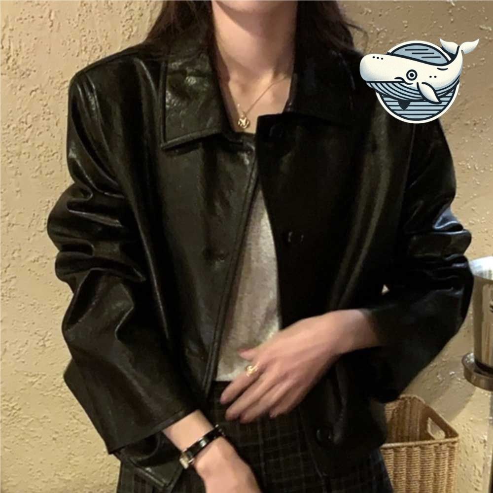 트렌디한 블랙 클래식 가죽 크롭 자켓 여성