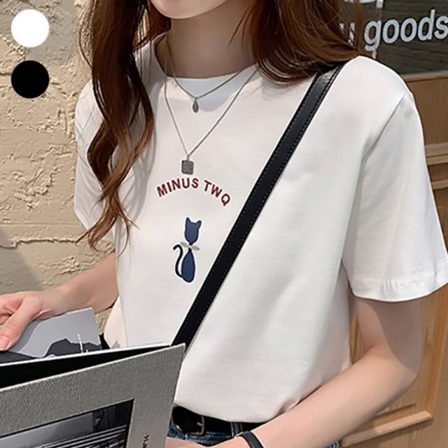 여성 라운드넥 티숙 기본 냥이 데이 반팔 티셔츠 가을