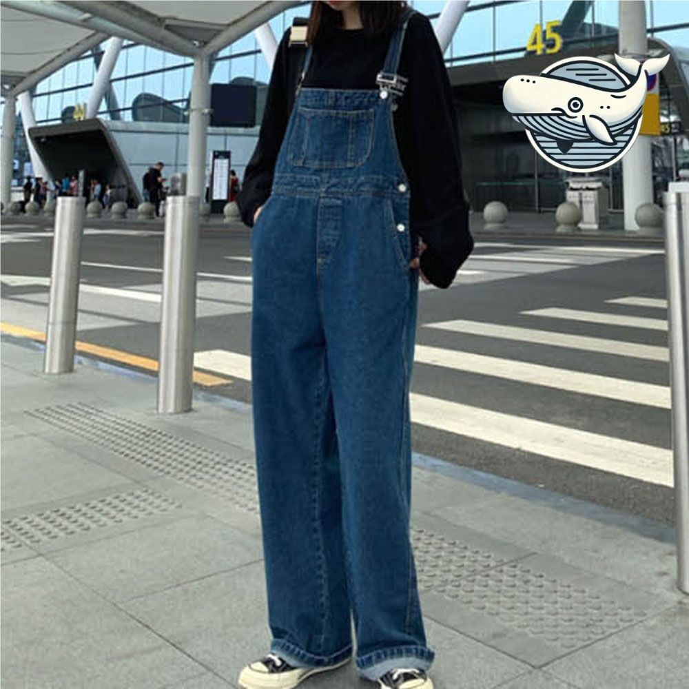 귀여운 와이드핏 멜빵 데님 통바지 캐주얼