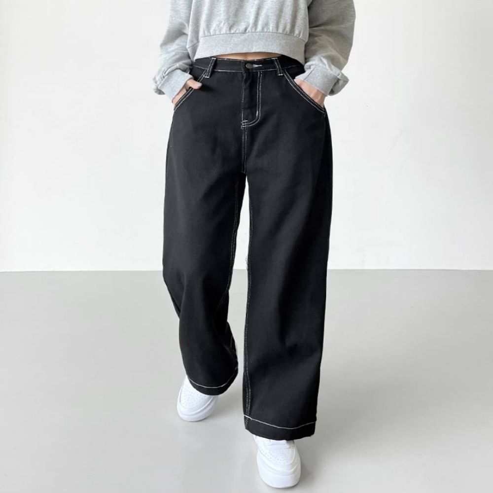 여자 하이웨스트 레트로 면 스티치 일자팬츠 바지