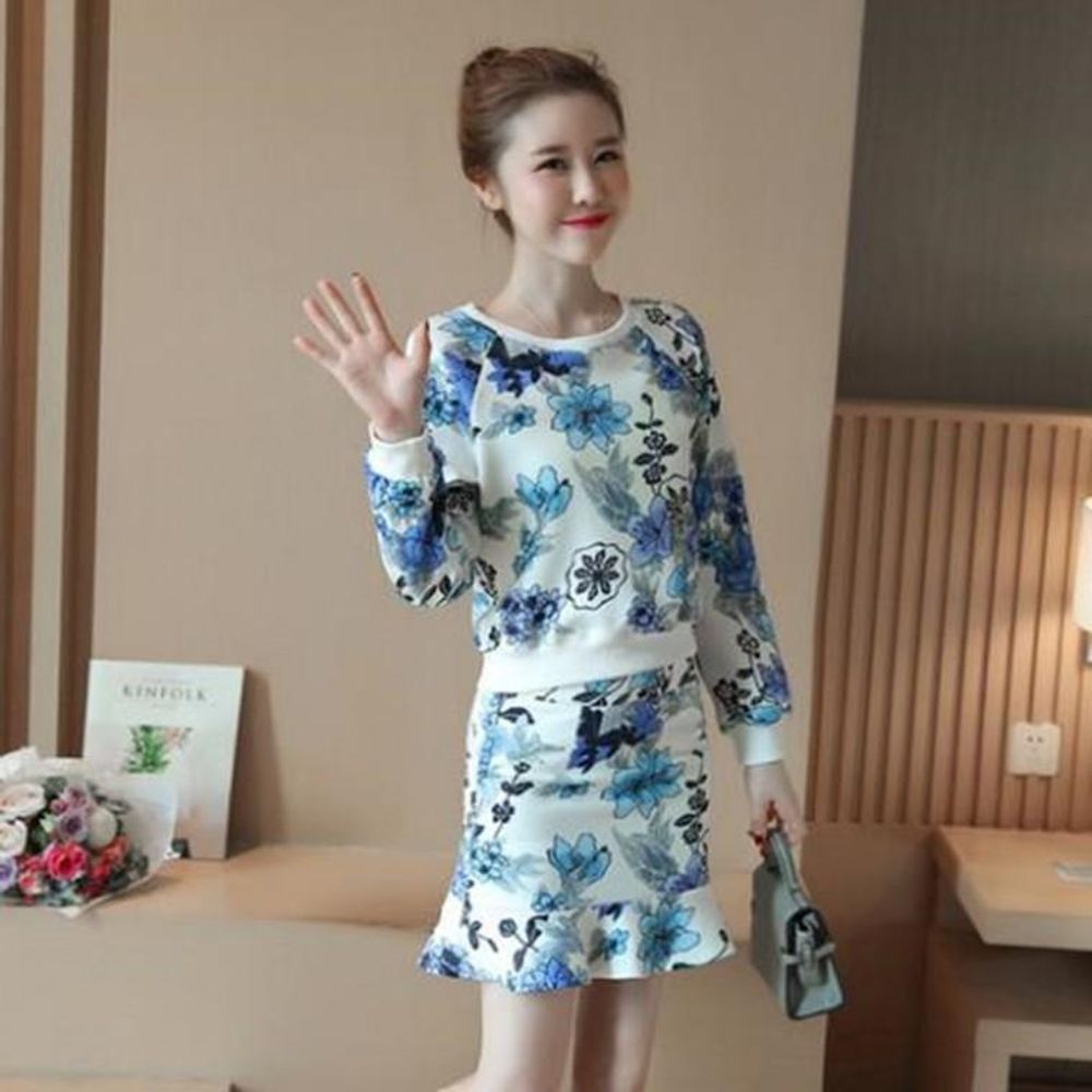 F 여리 플라워 라운드 티셔츠 프릴 스커트