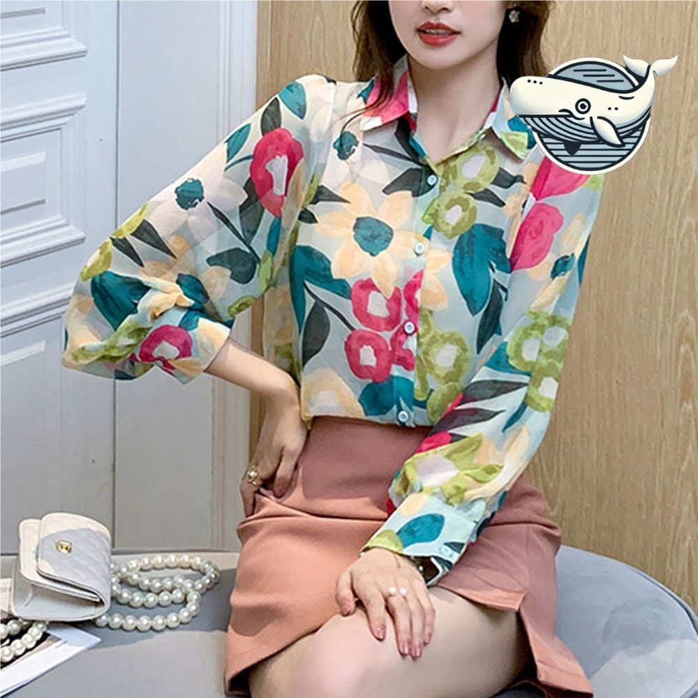 여름 플라워 시스루 블라우스 세련된 벌룬소매