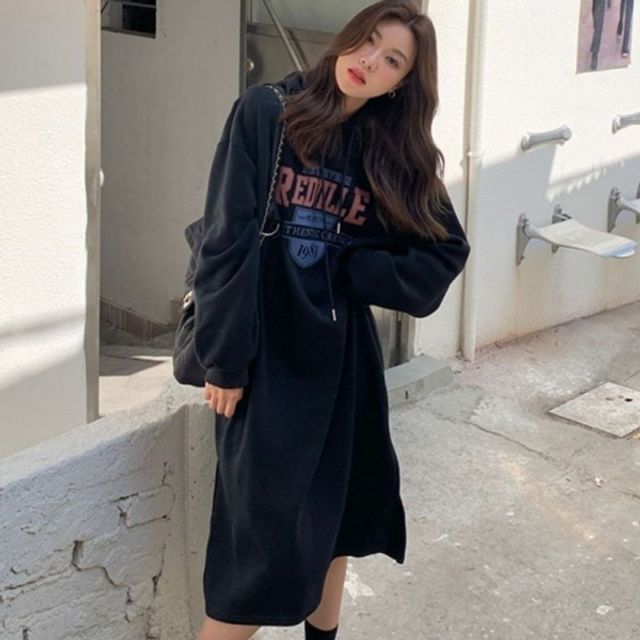 여성 베이직 영문 후드 원피스 올데이 캐주얼 여자 기