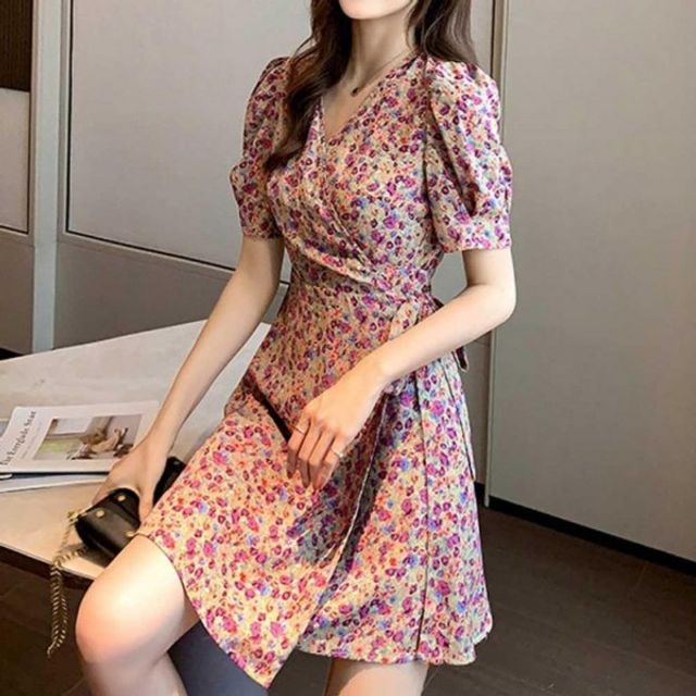 플라워 허리스트링 랩원피스 기본 어깨셔링 데이 퍼프