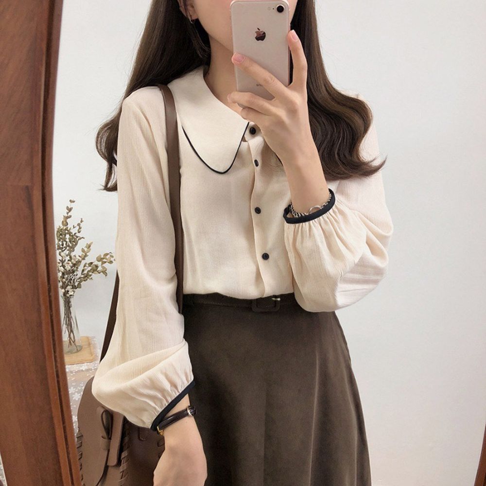 브이넥 끝단 셔츠 긴팔 오노마 리본 트랜드패션