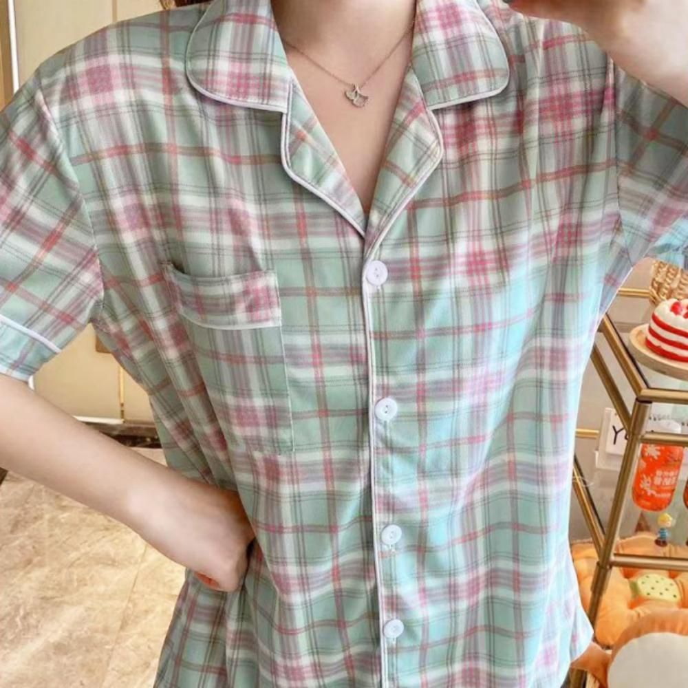 여름 파자마 여성 잠옷 귀여운 2p 타탄 민트 라벤더