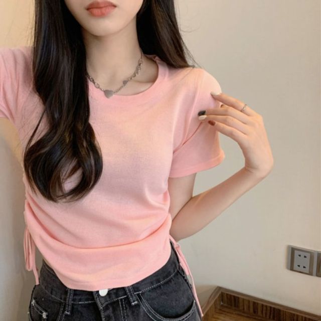 크롭 슬림핏 여성 기본 옆 데이 셔링 반팔 티셔츠 꼬