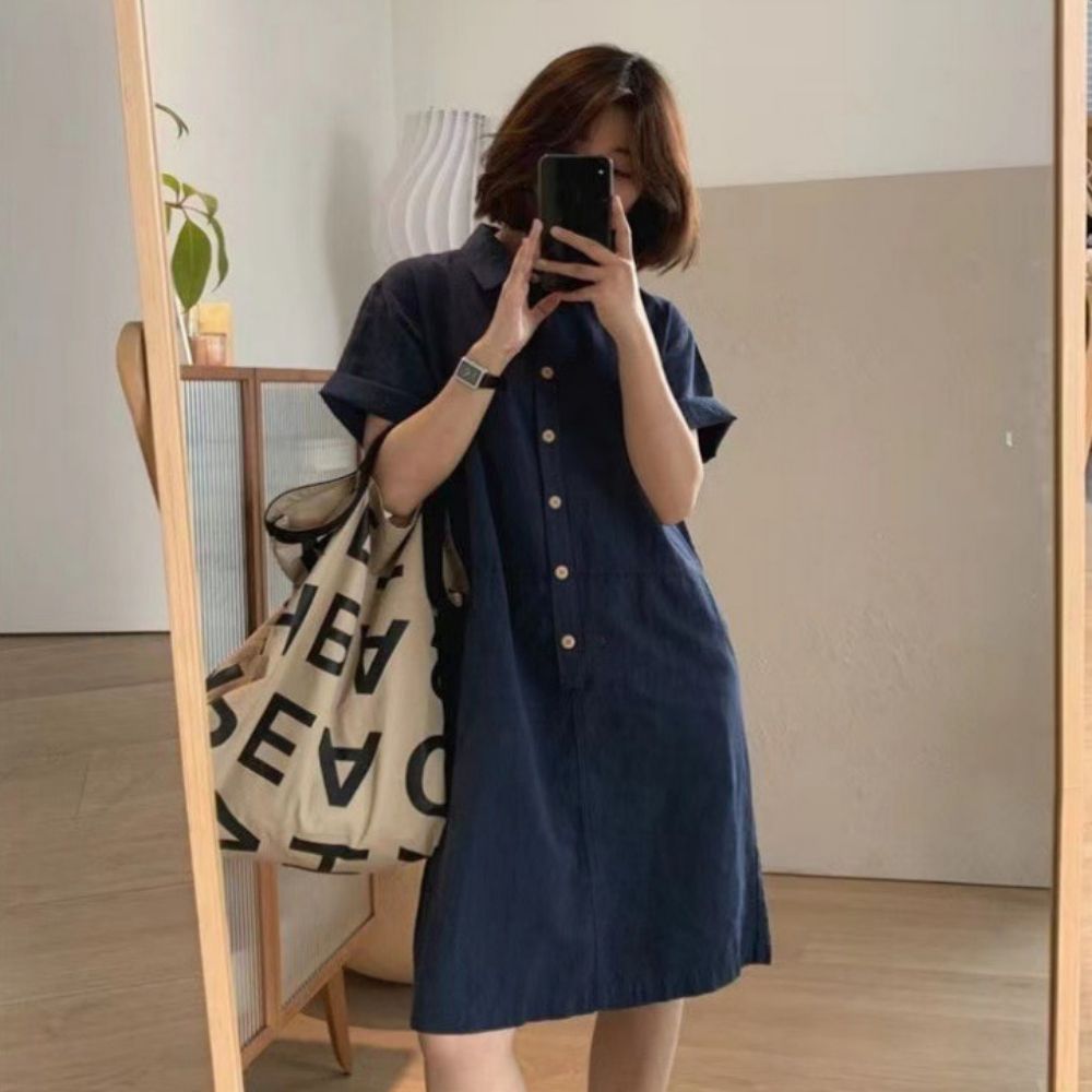 원피스 데일리 버튼 카라 미들 여자 반팔 셔츠