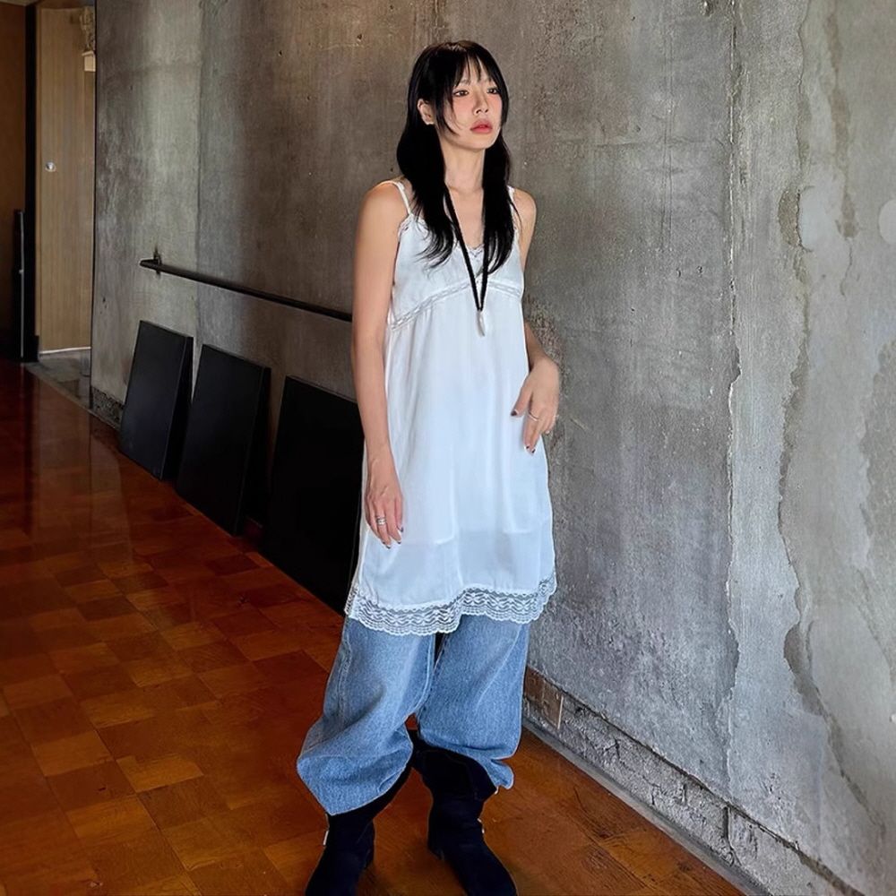 레이스 나시 스커트 브이넥 슬리브리스 원피스