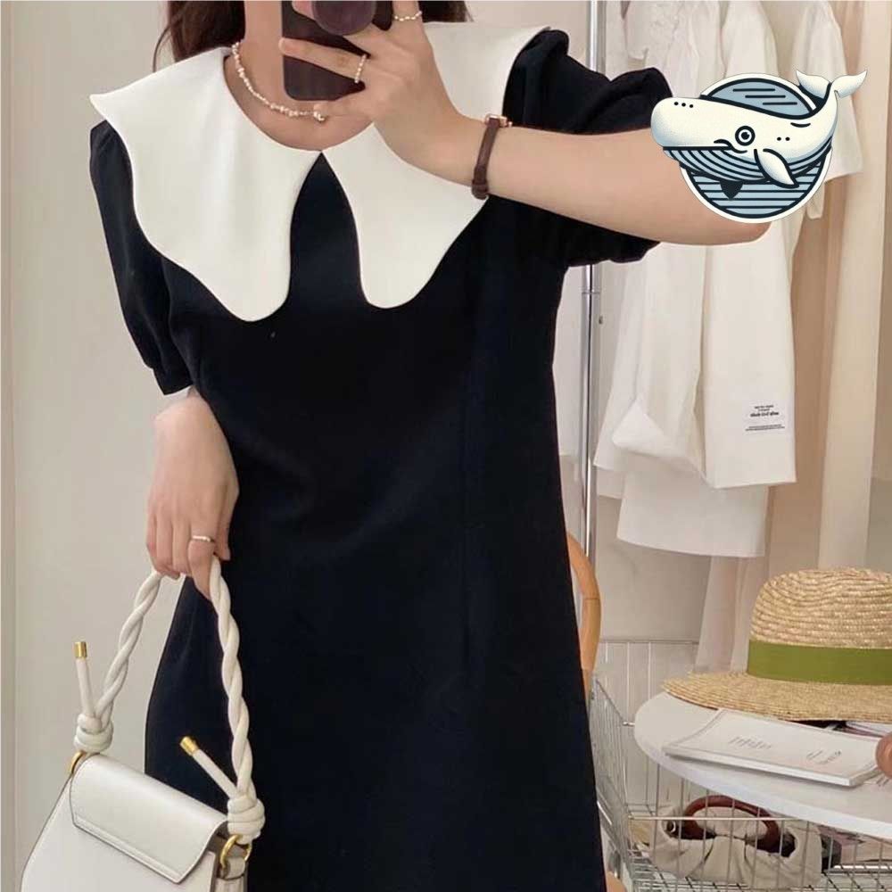 세련된 배색 카라 허리 조절 원피스 퍼프소매