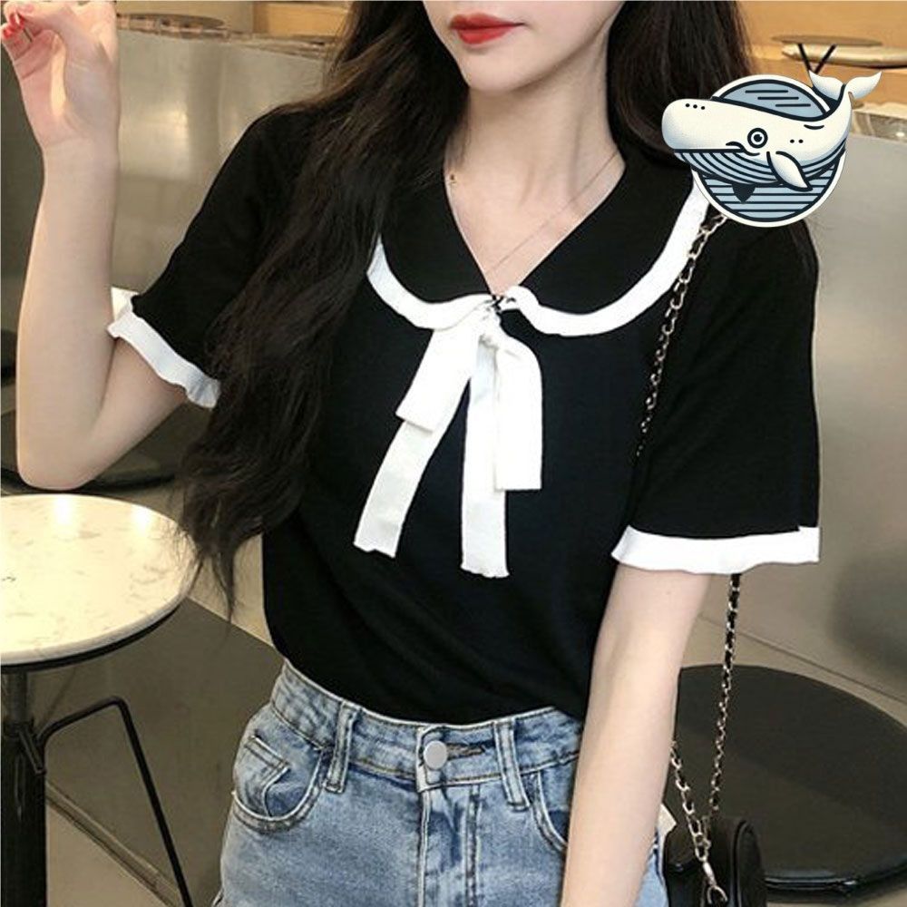 여자 여름 리본카라 반팔티 블랙 화이트 캐주얼