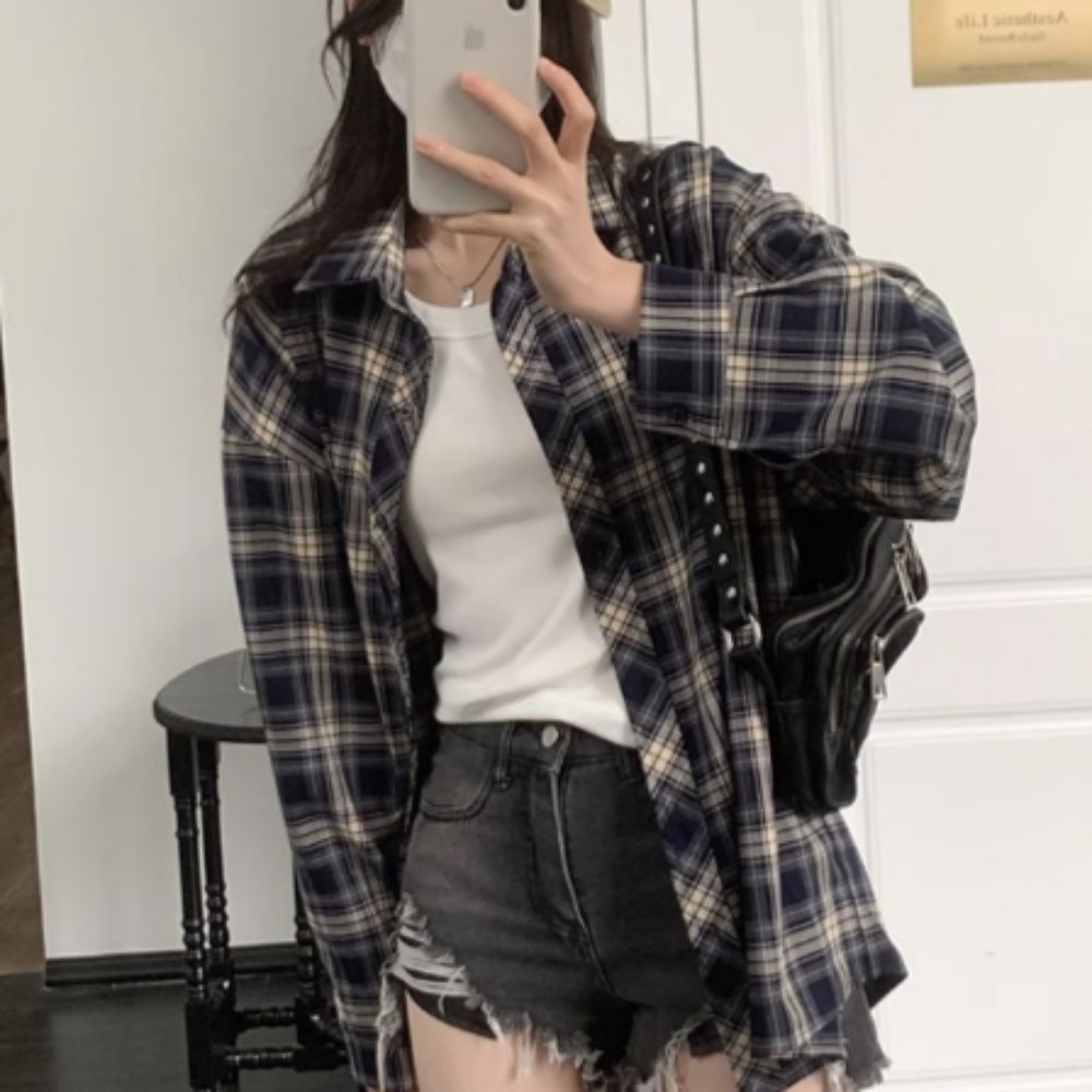 루즈핏셔츠 체크 오버핏 긴팔 티 셔츠 체크셔츠