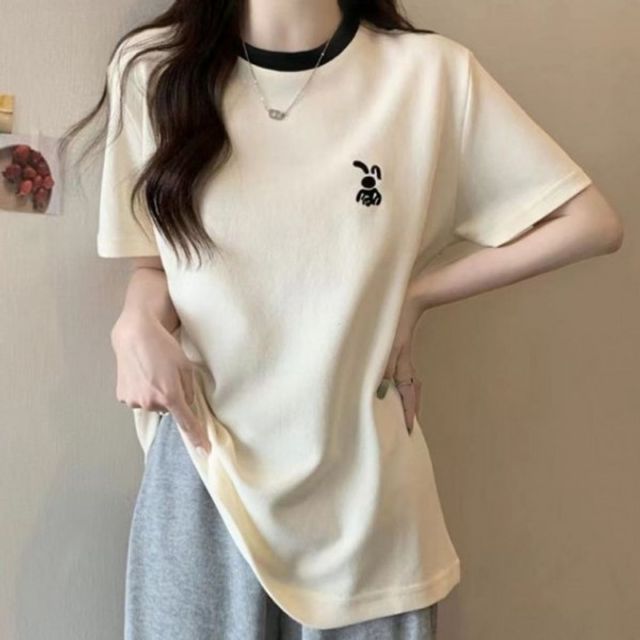토끼자수 반팔 여자 기본 티셔츠 데이 라운드넥 여성