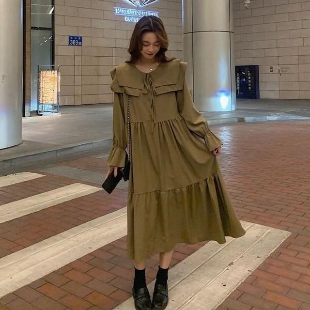 퍼프소매 무지 빅카라 빅사이즈 롱 원피스